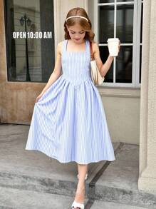 SHEIN Tween Girls Blue And White Striped Midi Dress With Square Neck And Flared Hem Girls Blue Striped Dress Tween Girl Striped Dress Girls Striped Summer Dress