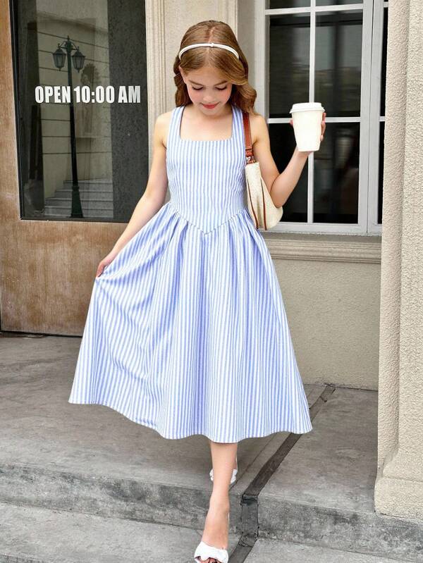 Tween Girls Blue & White Striped Square Neck Sleeveless Long Dress Daily Commuter Wear, Suitable For Spring/Summer Vacation