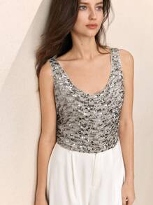 BizChic 2025年夏季新款女士优雅露背亮片V领吊带背心，适合约会穿着 - 灰色 - 查看 7