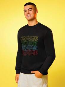 Lay's X SHEIN Men's Letter Pattern Black Crew Neck Long Sleeve Sweatshirt - Black - View 4