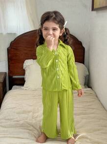 LMoss Kids 2 pièces Ensemble de chemise casual plissée en tissu unicolore et pantalon casual ample pour bébé fille - Vert - Voir 4