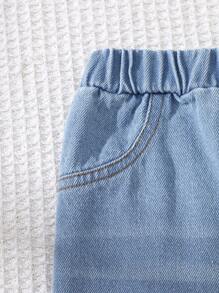 SHEIN 男婴休闲百搭牛仔背心外套+牛仔裤套装，2件套，舒适百搭，适合室内、室外、日常、运动、玩耍、派对、拍照、度假等各种场合，春、夏、秋、冬四季皆宜。男婴牛仔套装，夏季男童服装，男童套装，男婴服装。 - 藍色 - 查看 6