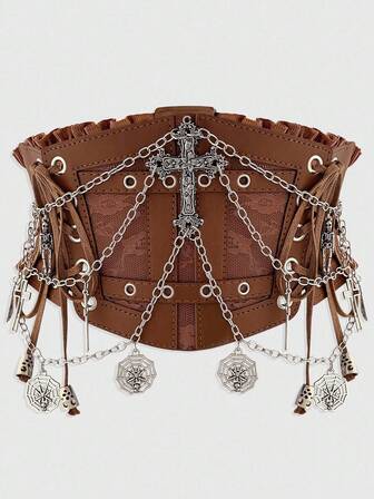 1pc Women's Brown Lace Chain Skeleton Cross Tie Decor Dark Gothic Style Elastic Waist Belt Dress Accessory For Halloween Costume