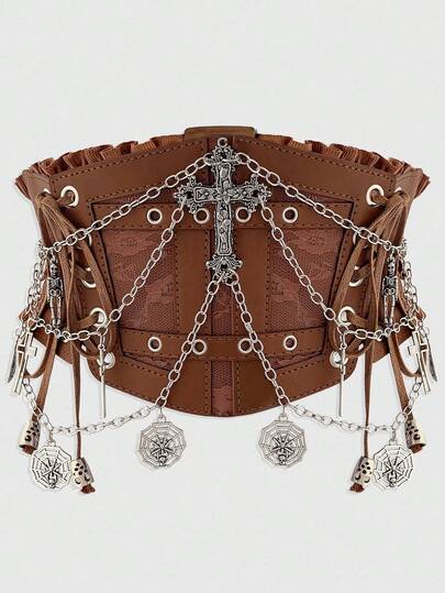 1pc Women's Brown Lace Chain Skeleton Cross Tie Decor Dark Gothic Style Elastic Waist Belt Dress Accessory For Halloween Costume