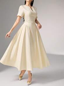 Heiryn V-Neck, Pleated, Waist Gathered Korean Style Commute Dress, Short Sleeve, Summer