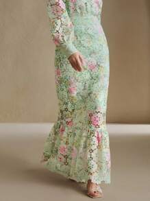 Anewsta 女士优雅花卉蕾丝镂空褶皱鱼尾下摆修身半身裙，夏季穿搭 - 綠色 - 查看 4