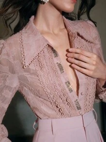 Anewsta Elegante Damen Bluse für Frühling/Herbst mit Kristalldekor, Jacquardblumen-Applikation, Kontrastspitze und Laternenärmel - Pink - Übersicht 1