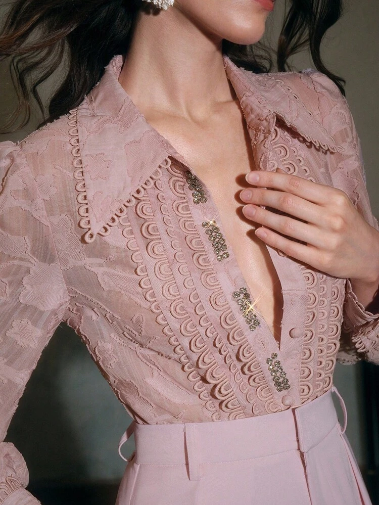 Ladies' Spring/Autumn Elegant Crystal Decor Jacquard Flower Applique Contrast Lace Lantern Sleeve Blouse