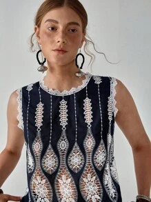 Florisole Tricou elegant boem, stil boem, cu guler rotund, bleumarin, alb, cu scobituri, broderie, fără mâneci, pentru primăvară și vară, pentru doamne, vacanță - Albastru marin - Vizualizare 3
