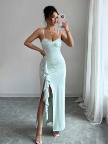 Rafferiza Robe élégante et sexy rétro vert unicolore à bretelles fines, avec volants à l'ourlet et fente, pour femmes