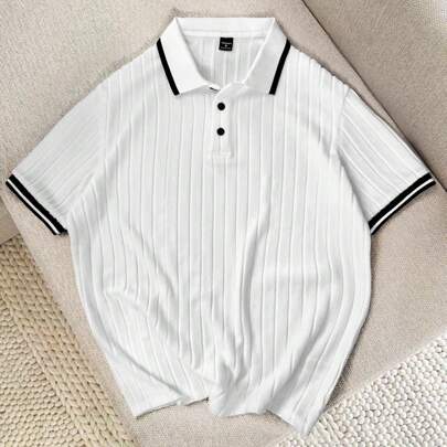 남성용 캐주얼 골지 트림 반팔 폴로 셔츠 여름/데일리 웨어 남성 니트 폴로 남성 니트 폴로 셔츠 남성 골지 폴로 셔츠 슬림핏 니트 폴로 남성 화이트 골지 폴로, 남자 친구를 위한 훌륭한 선물, 개학 남성 골지 니트 폴로 남성 반팔 니트 폴로