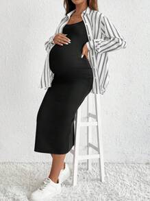 SHEIN Fall Clothes,Autumn Clothes,Maternity Autumn Clothes Maternity 2pcs Maternity Striped Long Sleeve Button-Down Shirt And Cami Dress Casual Set