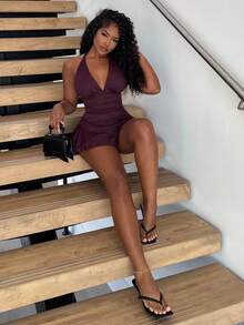 Alexandranx Xù Xù Hoa Sen Không lưng Halter Neck Romper - màu nâu - Xem 5