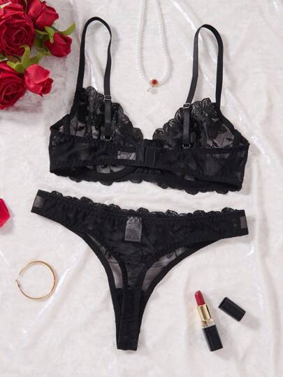 Zwart Bloemen Kanten Lingerie Set Doorschijnende Women BH view 2