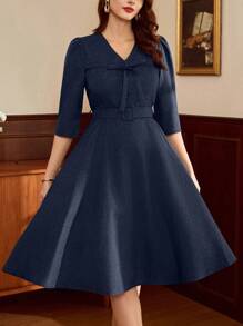 Vintamour Đầm nữ cổ điển thanh lịch, mùa thu/đông, ôm dáng, thắt nơ phía trước, tay lửng, màu xanh navy, dáng chữ A, thích hợp cho lễ Phục sinh, lễ hội, tốt nghiệp, trang phục tốt nghiệp cho mẹ. - Màu xanh hải quân - Xem 5