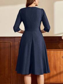 Vintamour Đầm nữ cổ điển thanh lịch, mùa thu/đông, ôm dáng, thắt nơ phía trước, tay lửng, màu xanh navy, dáng chữ A, thích hợp cho lễ Phục sinh, lễ hội, tốt nghiệp, trang phục tốt nghiệp cho mẹ. - Màu xanh hải quân - Xem 2
