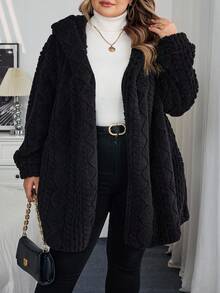 SHEIN CURVE+ Áo khoác hoodie len pha trộn họa tiết màu đen cỡ lớn dành cho nữ, dành cho mùa đông/thu/đông - màu đen - Xem 4