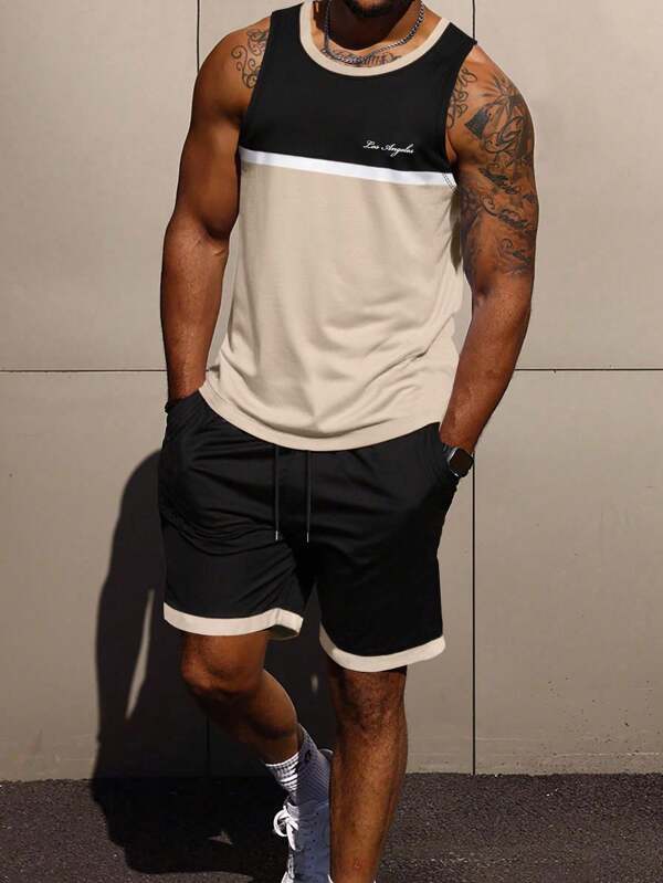 Manfinity Homme Herren Große Größen Sommer Lässig Farbblock Einsatz Tanktop und Shorts Set, Herren Shorts 2-teiliges Set, Herren Zwei Teile Shorts Set. Das ist toll für Paar und eine ausgezeichnete Geschenkidee für Freund oder Ehemann. 2-teiliges Tanktopp Set für Herren Große Größen
