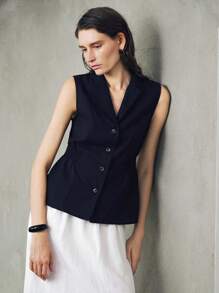 Uhlyne 优雅时尚基础款轻盈舒适新款短款纯色简约通勤纽扣褶皱亚麻复古收腰修身马甲，适合秋季、极简主义、商务休闲、度假、工作、教师、返校、秋季穿着，尽显老钱风范。 - 黑色 - 查看 5