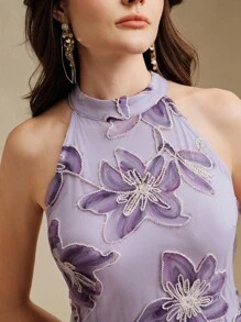 Anewsta 夏季优雅女士针织网眼刺绣白色撞色高端定制挂脖黑色连衣裙 - 淡紫色 - 查看 6