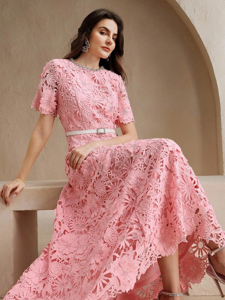 New Arrivals Pink Diamond Decor Round Neck Short Sleeve Luxe 3D Floral Lace Elegant Belted Fitted Dress