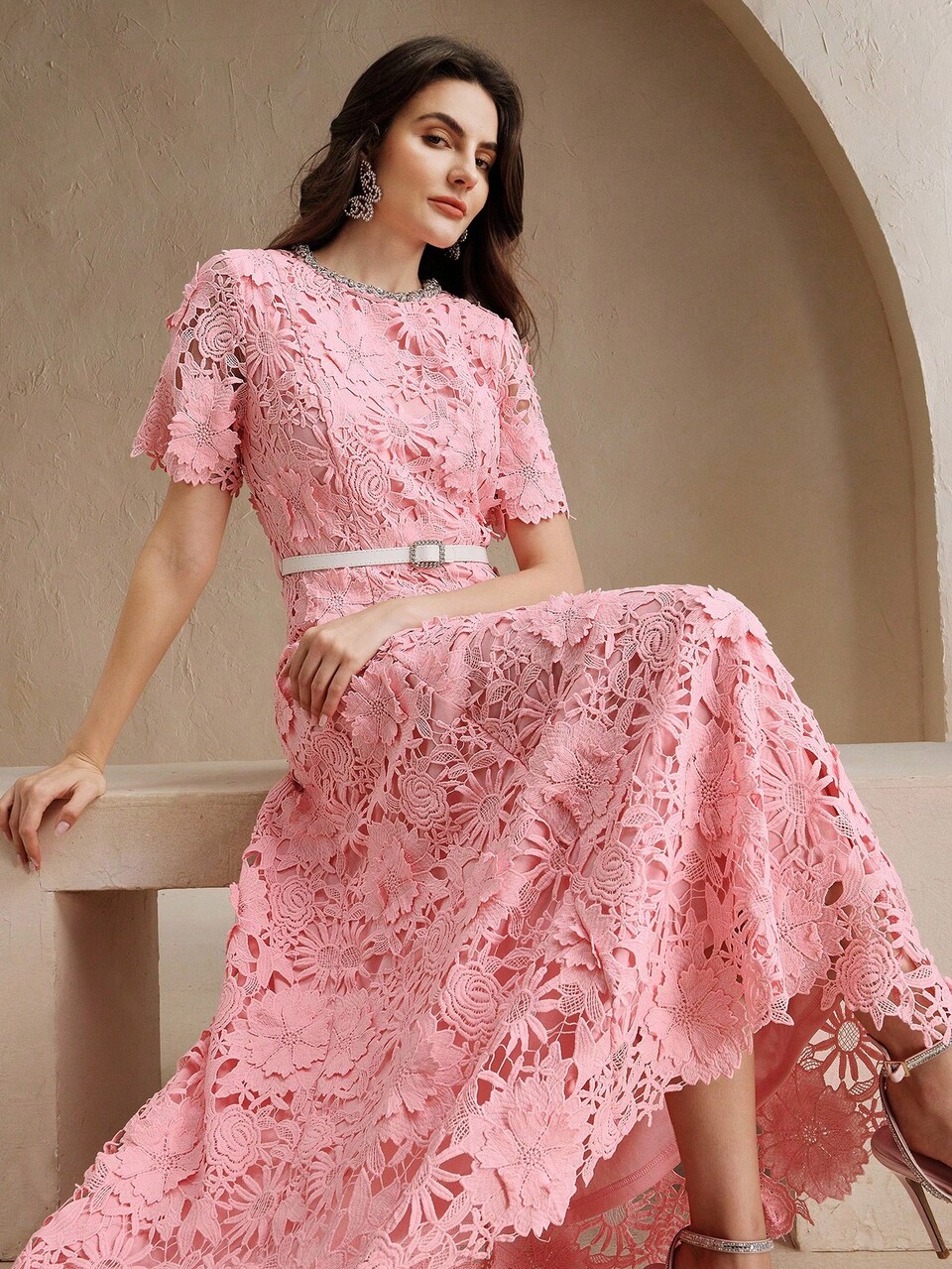 New Arrivals Pink Diamond Decor Round Neck Short Sleeve Luxe 3D Floral Lace Elegant Belted Fitted Dress