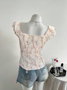 SHEIN Unity Áo cánh tay ngắn ôm vừa vặn cổ vuông thêu ren hoa sequin thiết kế cổ điển kiểu Pháp cho mùa hè - Nhiều màu - Xem 2