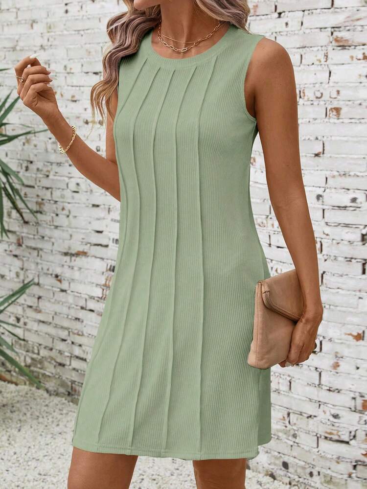 SHEIN LUNE 女式休闲针织圆领无袖迷你连衣裙，春夏 - 綠色 - 查看 4