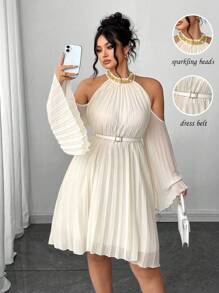 Elenzga 大码优雅露肩褶皱喇叭袖连衣裙