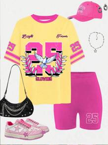 SHEIN Leap Crew 青少年女孩休閒簡約短袖寬鬆T恤與內搭褲2件套，適合夏季女孩夏日穿搭，青少年女孩運動風夏季套裝 - 彩色 - 查看 3