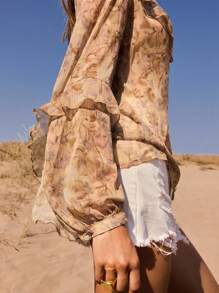 Maija 女士秋季复古花卉金线装饰宽松舒适夏季衬衫，V领，灯笼袖，荷叶边下摆，优雅精致，浪漫法式奢华邮轮/西式衬衫 - 彩色 - 查看 5