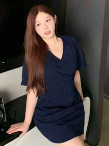 Dazy Plus Striped Gathered Short Sleeve Mini Commuter Dress For Summer - Navy Blue - View 4
