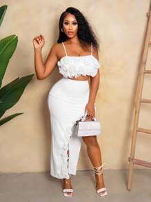 Mistrie Summer White 70's Holiday Party Disco Vacation Two Pieces Set,Fish Silk Thread 3D Flower Decoration Camisole Top&Split Long Skirt For ,Holiday - White - View 3