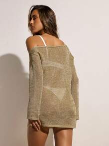 Opulessa 女士不对称领迷你针织连衣裙节日装夏季服装秋冬度假装 - 金色 - 查看 5