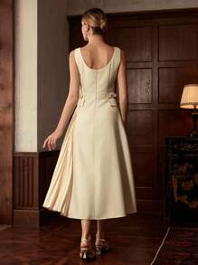 ZEYLAH Round Neck Sleeveless Pleated Patchwork Jacquard Elegant Dress - Apricot - View 3
