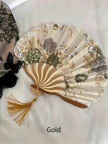 精美复古水墨画折扇，流苏装饰，手工中国风工艺扇，便携设计，男女通用，适合日常使用，母亲节礼物，春夏派对最佳选择，图案位置随意，夏季清凉，海滩旅行 - 彩色 - 查看 4