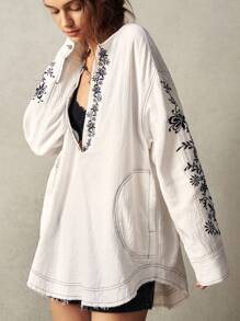 Bohemela Áo sơ mi cổ khoét thêu họa tiết cây cỡ lớn dành cho kỳ nghỉ - trắng - Xem 4