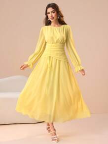 Modelyn 奶油黄色圆领腰部褶饰设计喇叭长袖连衣裙 - 黃色 - 查看 7