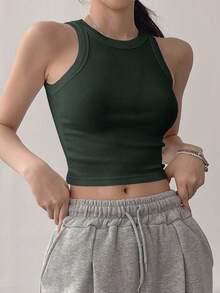 DAZY 女式纯色圆领短款基本款运动吊带背心 - 軍綠色 - 查看 3