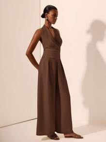 Zivah 2025 春夏新款音乐节、复活节、圣帕特里克节、西部风格、游牧风格、生日、毕业典礼、学院风、学生装、日常休闲、基本百搭、休闲、度假、邮轮旅行、海滩、日光浴、病毒式传播、街头风格、婚礼宾客波西米亚风、通勤、早午餐、机场装 - 杏色吊带交叉系带上衣和阔腿亚麻裤 2 件套 - 棕色 - 查看 4