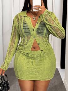 Slaydiva 2025 New Summer Beach, Music Festival, Easter 2Pcs Set For Plus Size Women, Sexy Hollow-Out Long Sleeve Knit Top & Skirt Set - Green - View 1