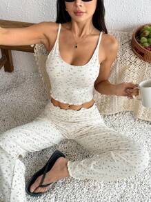 SHEIN PETITE 2 pièces Set débardeur et pantalon large, tenue de détente à imprimé floral digital, Printemps/Été