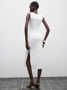 Lumivelle Sleeveless, Form-Fitting And Elegant Mid-Length Dress For Women With Swing Collar All White Summer Dress Clothes For University - White - View 2