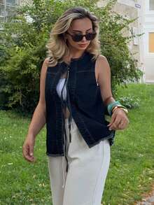 Jeta Ari Women's Denim Vest With Bow Decoration - Dark Wash - View 6