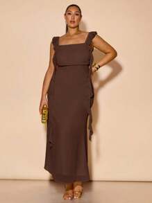 SHEIN BAE Váy đuôi cá dài bằng vải voan xếp nếp màu vàng trơn cỡ lớn mùa xuân hè, váy vàng, váy phù dâu dự tiệc cưới, váy thanh lịch, vàng bơ - Cà phê nâu - Xem 1