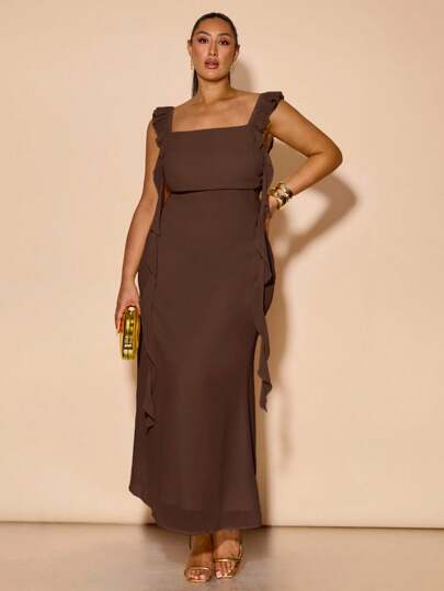SHEIN BAE Plus Size Spring Fall Solid Yellow Ruffle Trim Slim Fit Long Chiffon Mermaid Dress, Yellow Dress, Wedding Bridesmaid Formal Gown,Elegant Dress,/ Brown Maxi Dress/ Chocolate Brown Dress/ Brown Elegant Dress/ Brown Ruffle Dress,Wedding Guest Dress Women,Fall Clothes For Women