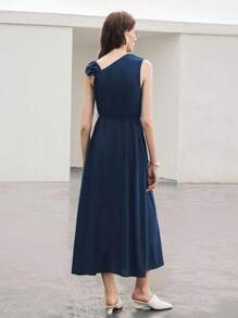 Uhlyne Vestido de verano de vacaciones en la playa para mujer, elegante y minimalista, adecuado para salidas, fiestas, bodas, ir al trabajo, de textura de algodón y lino azul marino, cintura con abertura y cordón, sin mangas, vestido de oficina, falda tipo A-line - Azul Marino - Ver 2