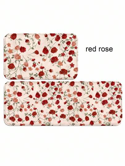 ROMWE Goth 1pc Red Rose Kitchen Rug - Non-Slip Floor Mat With Memory Foam, Waterproof Anti-Fatigue Design For Sink, Stove & Counter, Washable Vintage Floral Decor - Farmhouse, Cottagecore, Valentine's Gift