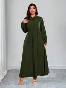 DreamSkyne Đầm tay đèn lồng màu trơn thanh lịch cỡ lớn đi làm - màu xanh lá - Xem 4