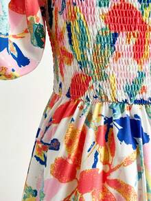 Soleia 女士彩色花卉印花泡泡袖 V 领荷叶边下摆浪漫长裙，适合婚礼、毕业典礼、返校派对、休闲单身派对、复古夏季、橙色热带印花长裙 - 彩色 - 查看 7